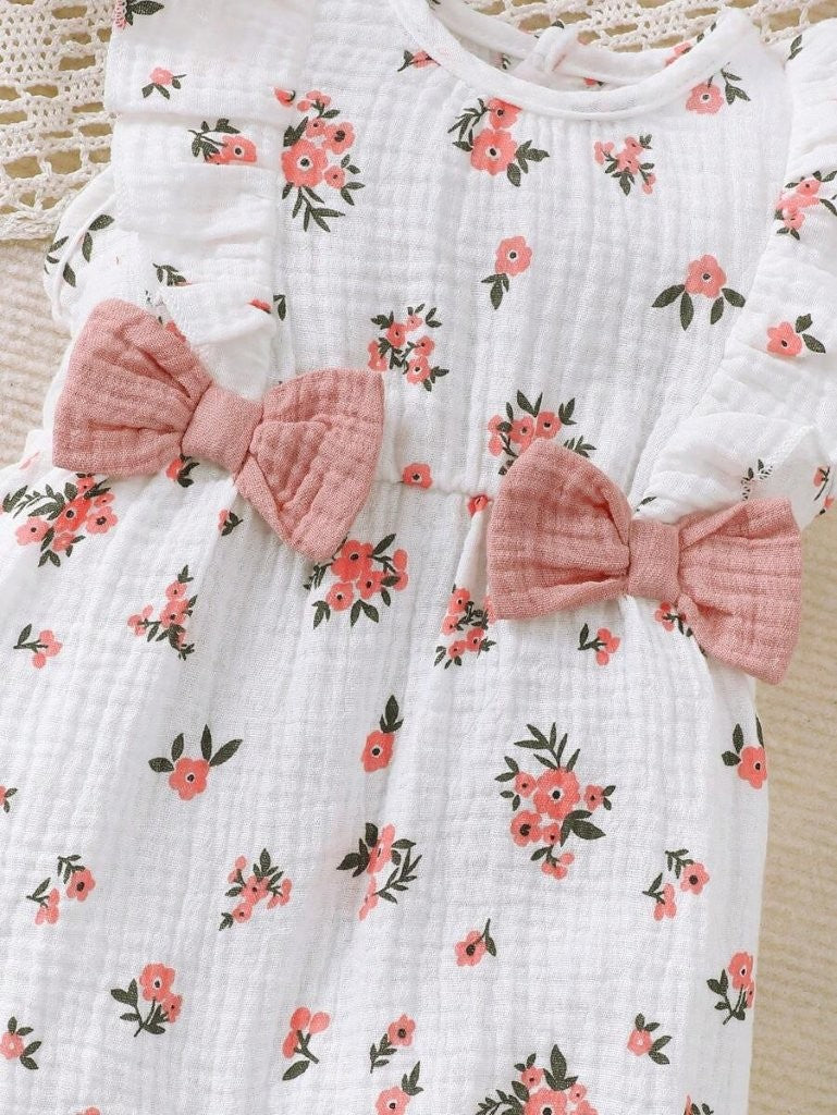 Baby Double Bow Flower Print Sleeveless Romper With Hat