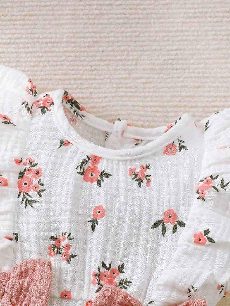 Baby Double Bow Flower Print Sleeveless Romper With Hat