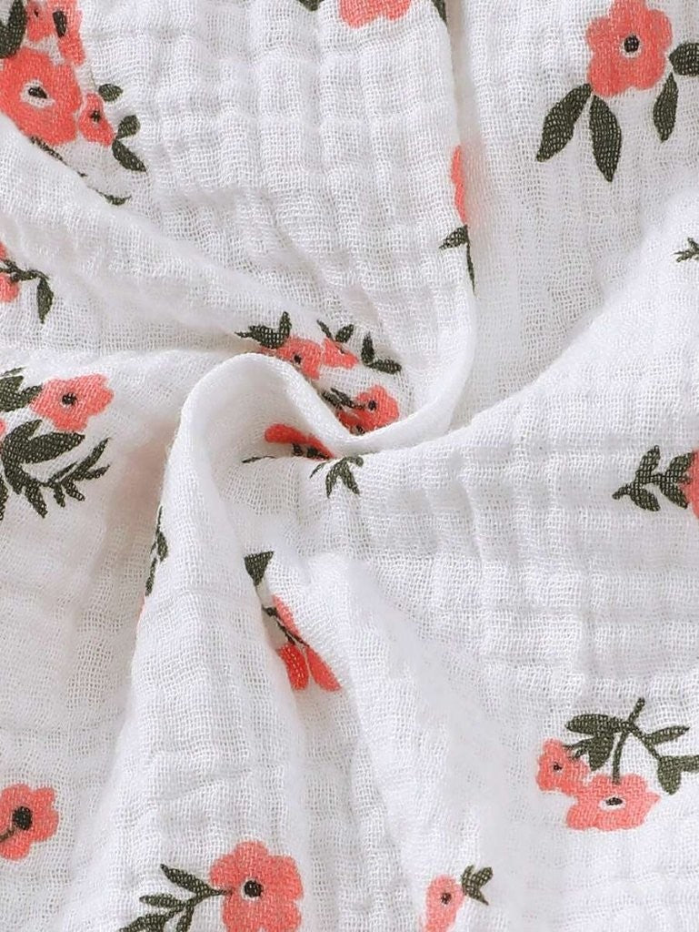 Baby Double Bow Flower Print Sleeveless Romper With Hat