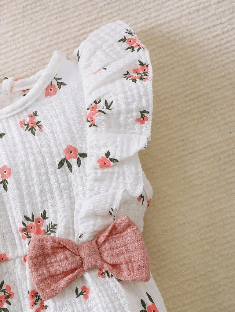 Baby Double Bow Flower Print Sleeveless Romper With Hat