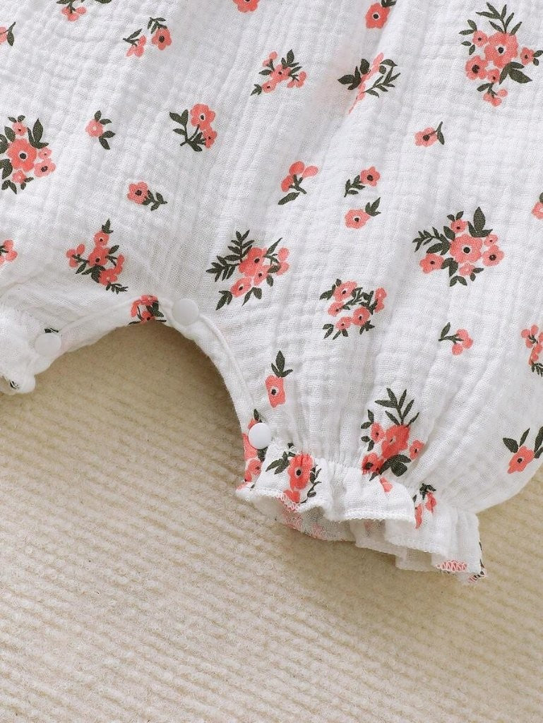 Baby Double Bow Flower Print Sleeveless Romper With Hat