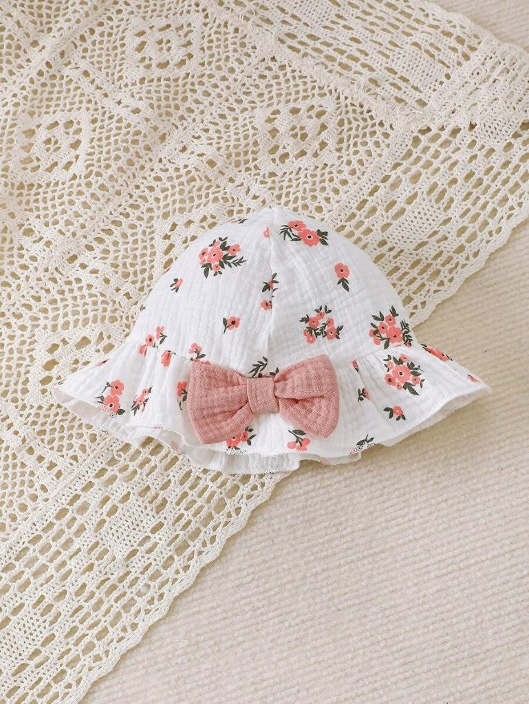 Baby Double Bow Flower Print Sleeveless Romper With Hat