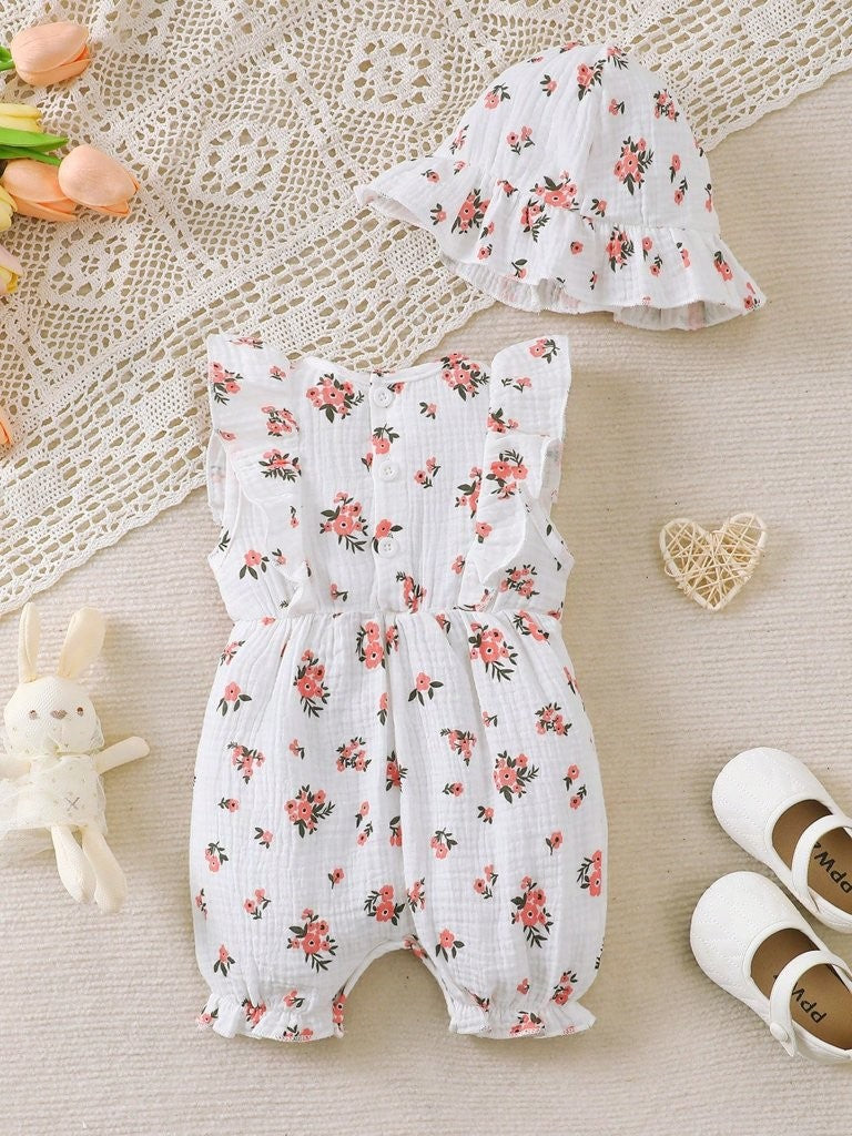 Baby Double Bow Flower Print Sleeveless Romper With Hat