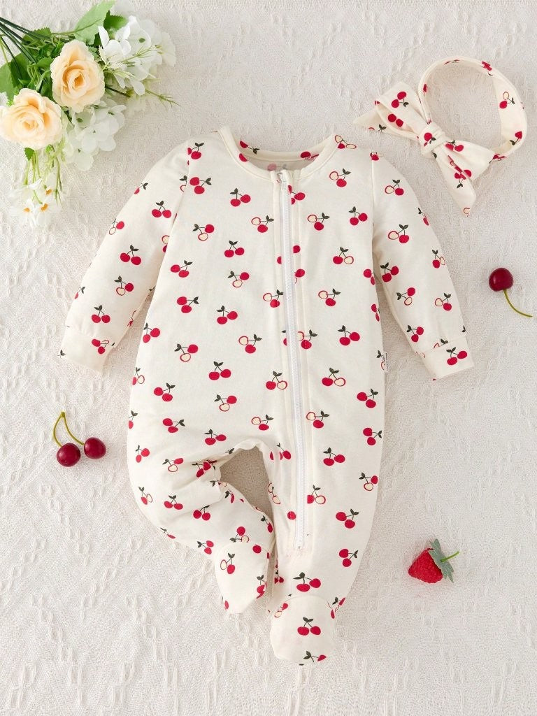 Baby Cherry Print Zip Up Jumpsuit With Headband