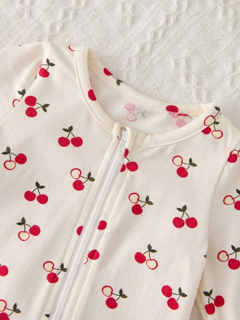 Baby Cherry Print Zip Up Jumpsuit With Headband