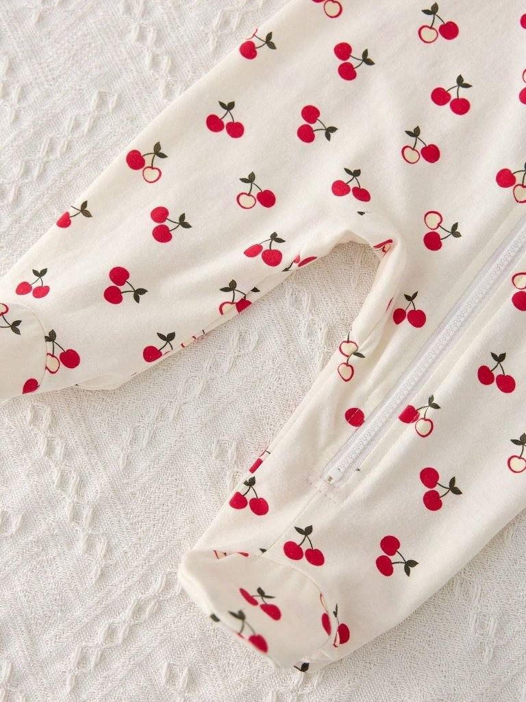 Baby Cherry Print Zip Up Jumpsuit With Headband