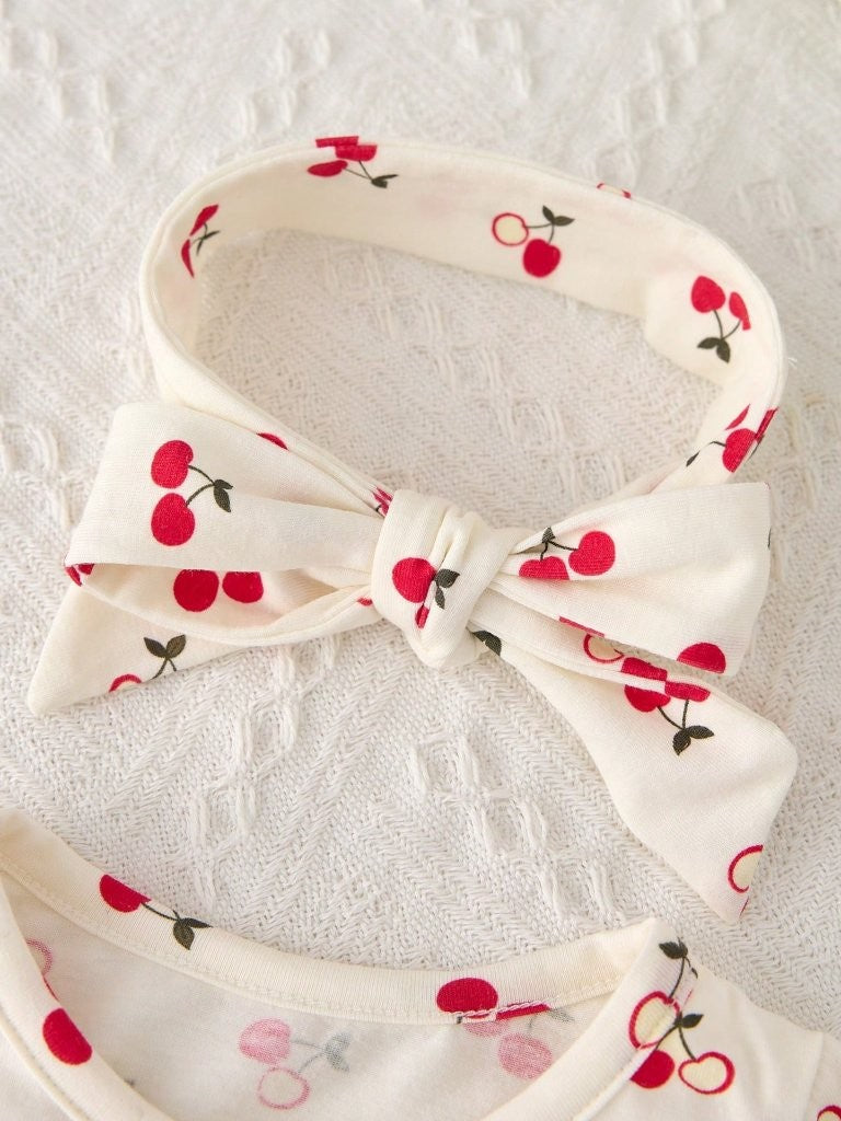 Baby Cherry Print Zip Up Jumpsuit With Headband