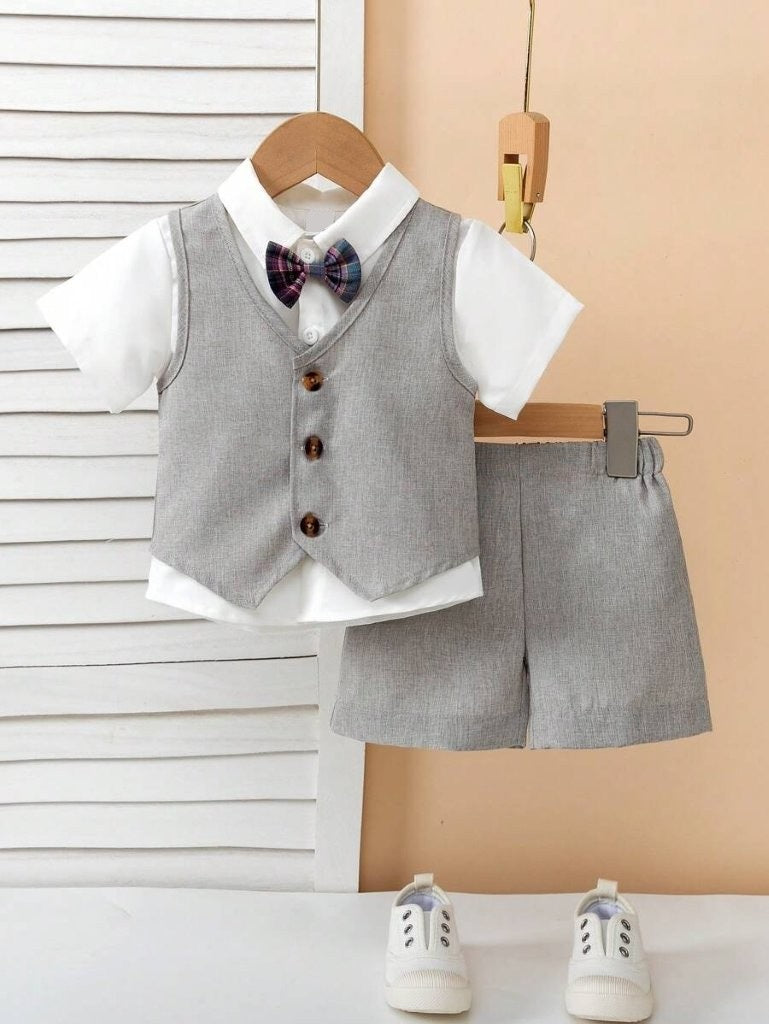 Baby Grey Waist Coat Bow Tie And Shorts Outfit (Excl White Shirt)