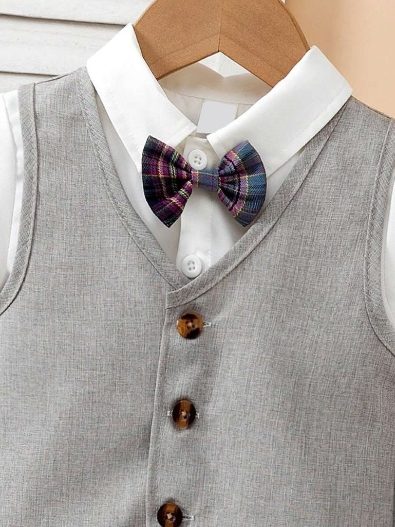 Baby Grey Waist Coat Bow Tie And Shorts Outfit (Excl White Shirt)