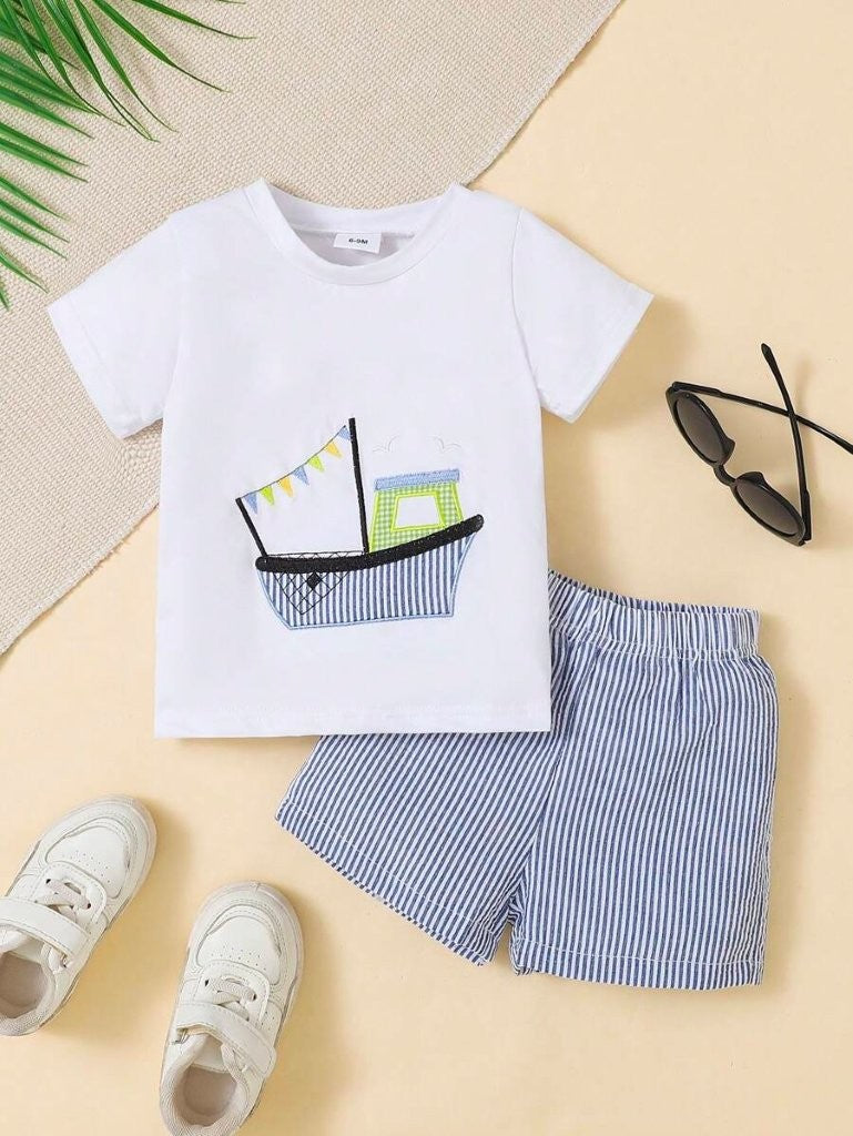 Baby Boat Tee Shirt And Stripe Shorts Set