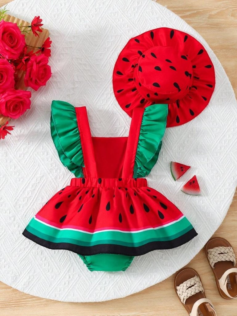 Baby Watermelon Print Bodysuit Dress With Hat