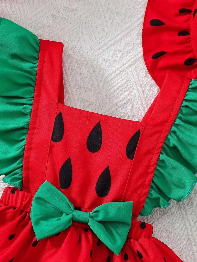 Baby Watermelon Print Bodysuit Dress With Hat