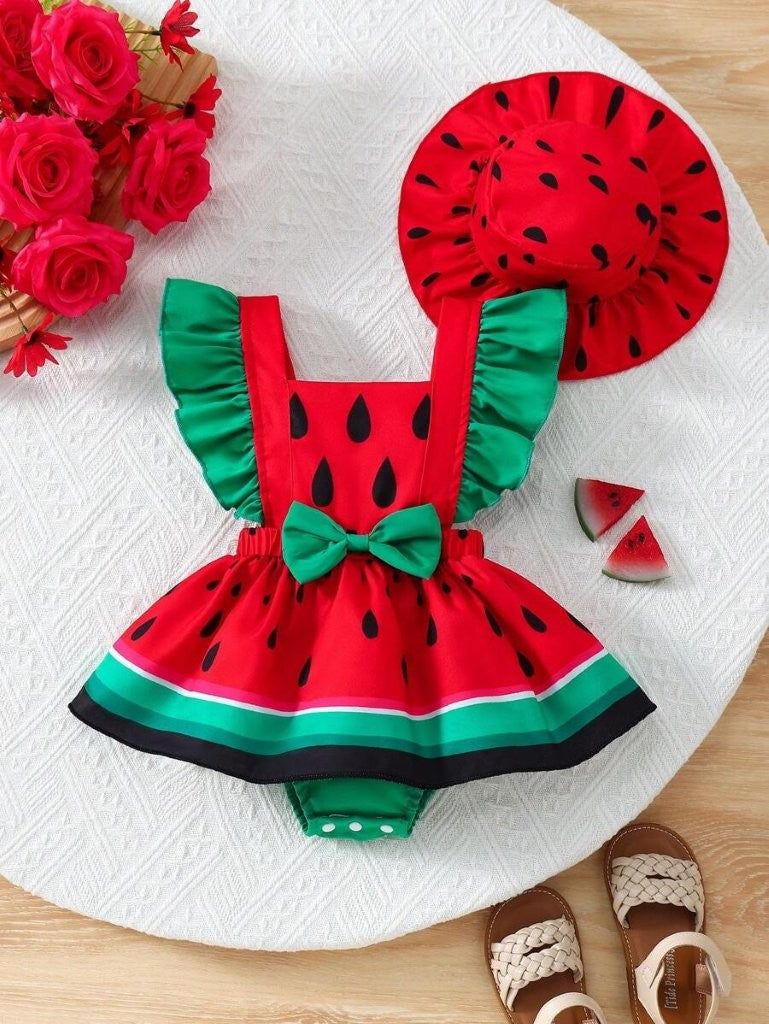 Baby Watermelon Print Bodysuit Dress With Hat