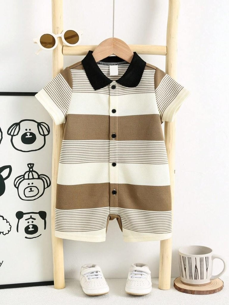 Baby Knitted Striped Short Sleeve Romper Camel