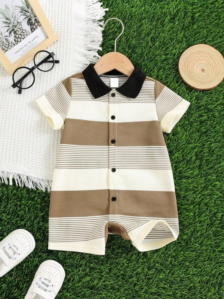 Baby Knitted Striped Short Sleeve Romper Camel