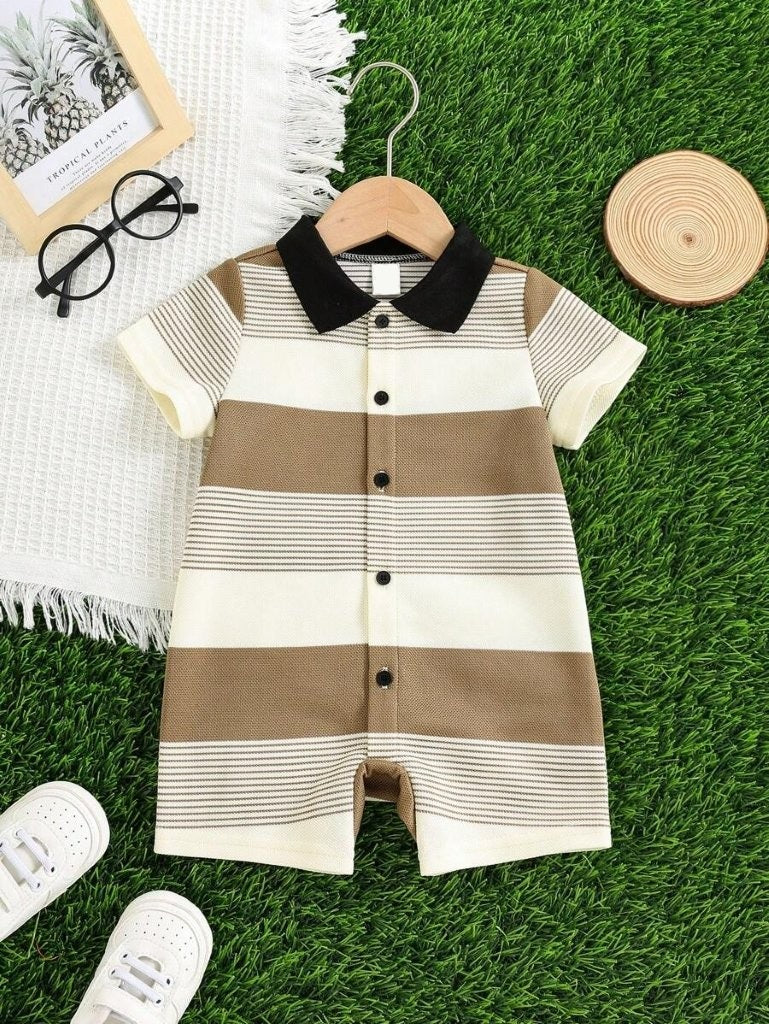 Baby Knitted Striped Short Sleeve Romper Camel
