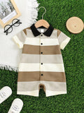 Baby Knitted Striped Short Sleeve Romper Camel