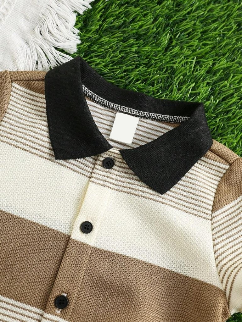 Baby Knitted Striped Short Sleeve Romper Camel