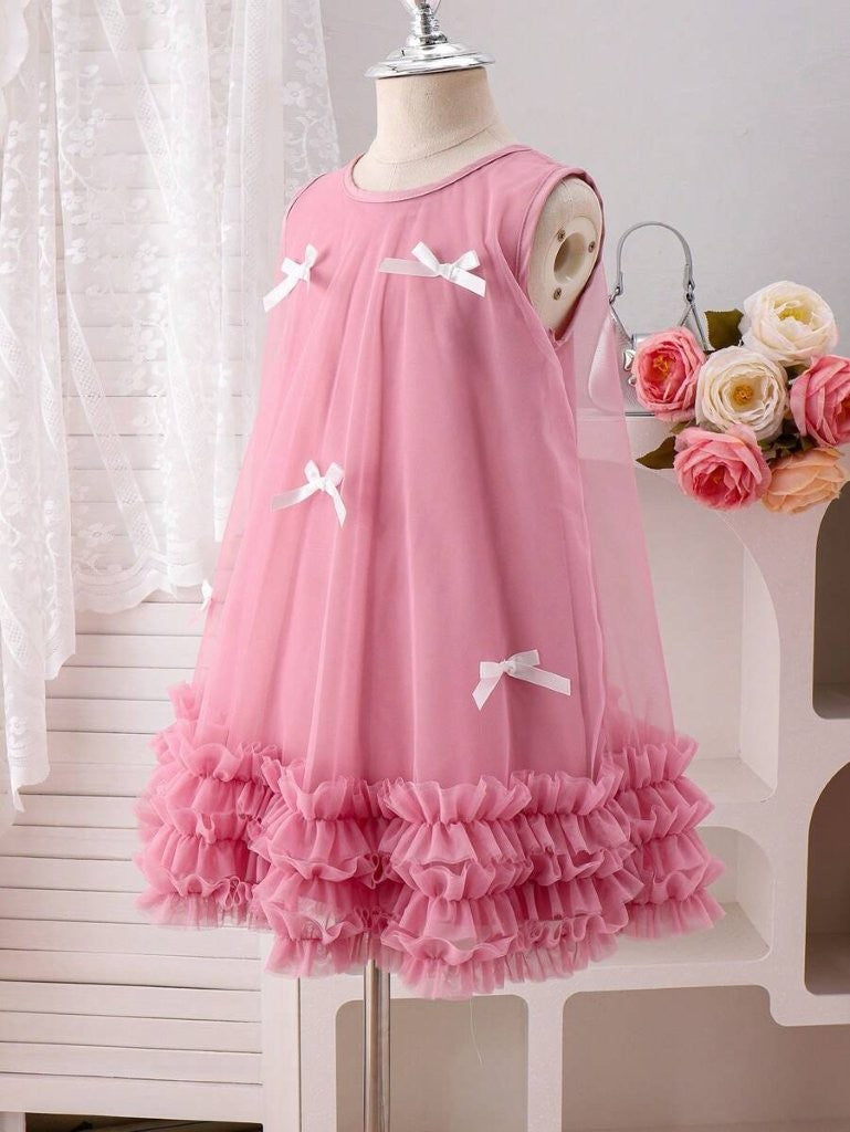 Toddler Girls Decorated Bow Layered Mesh Dress