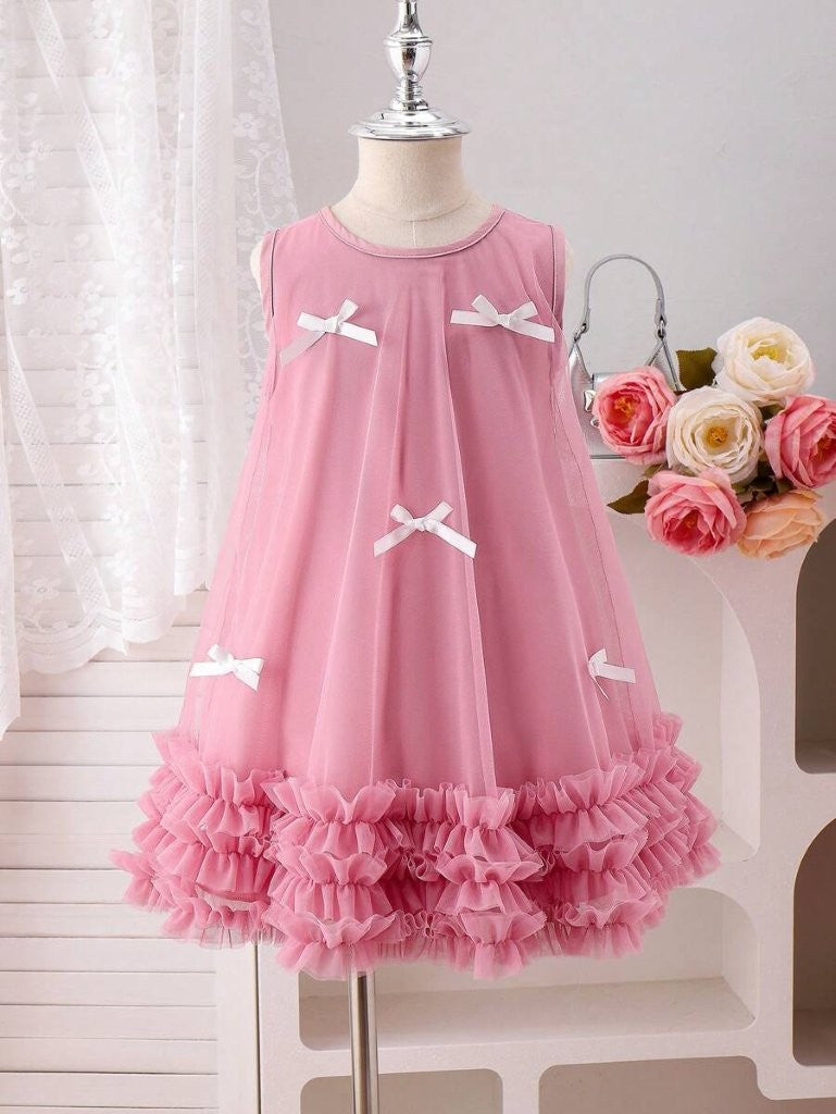 Toddler Girls Decorated Bow Layered Mesh Dress