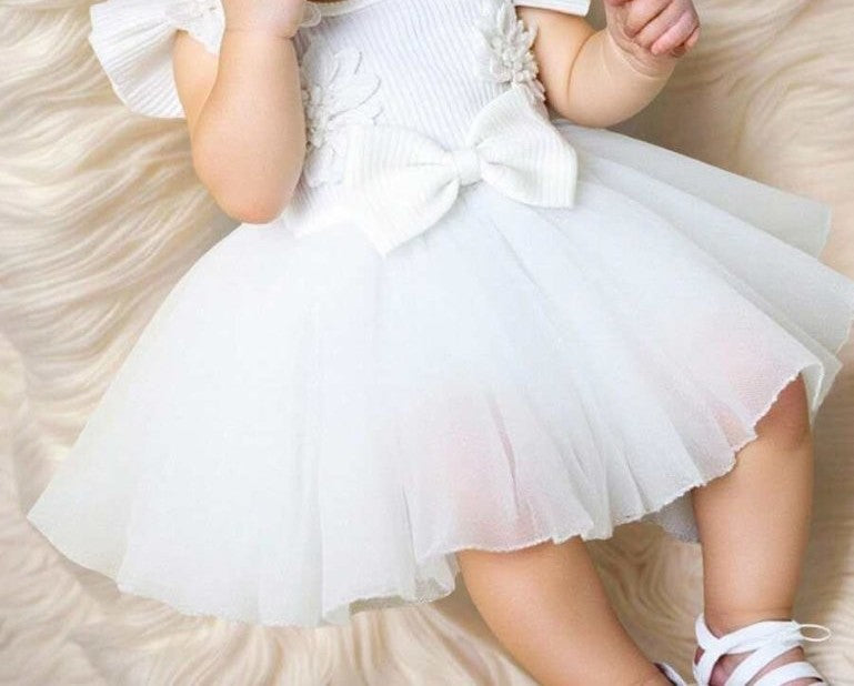 Baby Short Sleeve White Lace Trim Bodysuit Dress Set