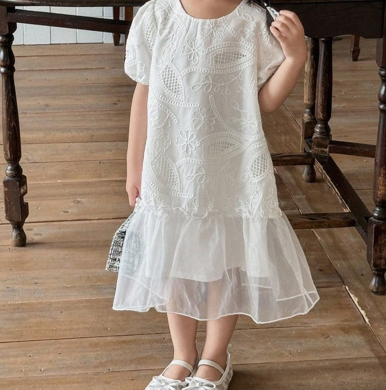 Toddler Girls White Elegant Textured Pattern Dress