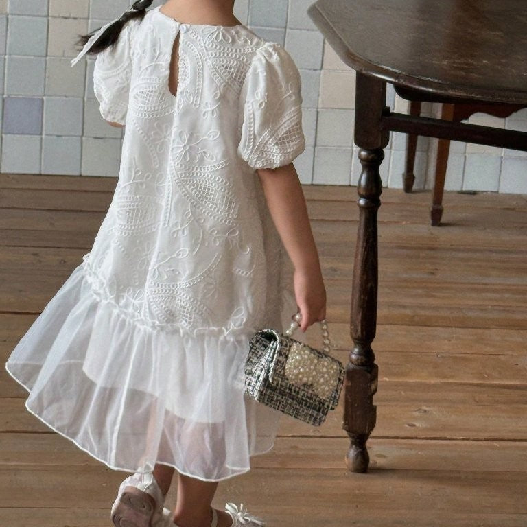 Toddler Girls White Elegant Textured Pattern Dress