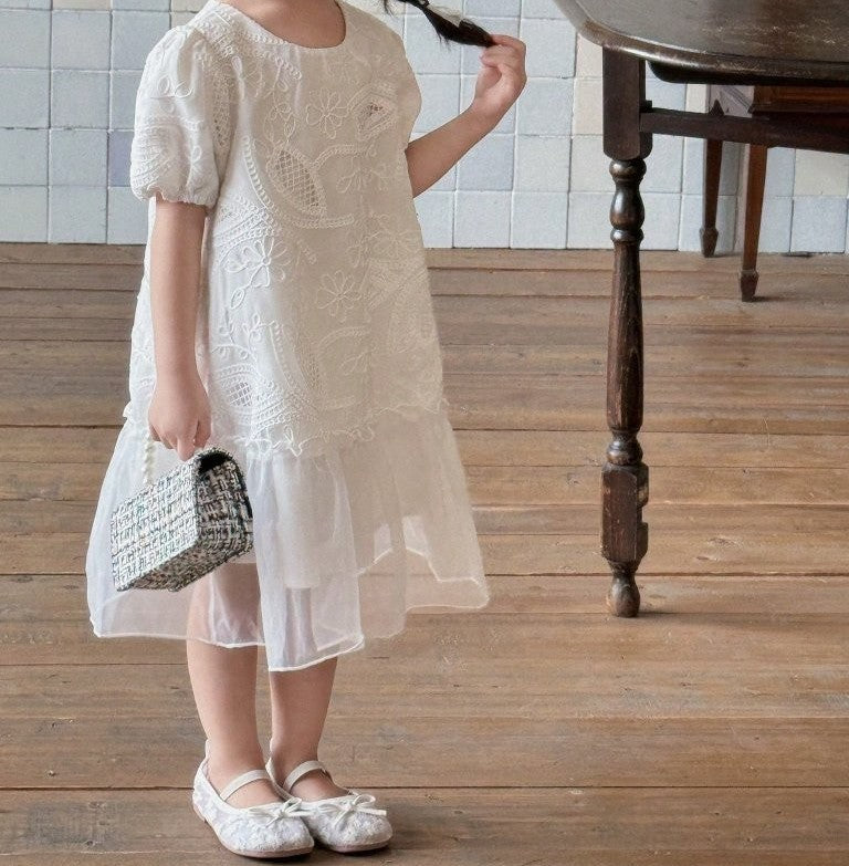 Toddler Girls White Elegant Textured Pattern Dress