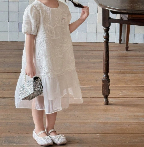 Toddler Girls White Elegant Textured Pattern Dress