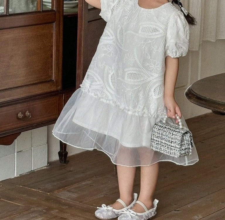 Toddler Girls White Elegant Textured Pattern Dress