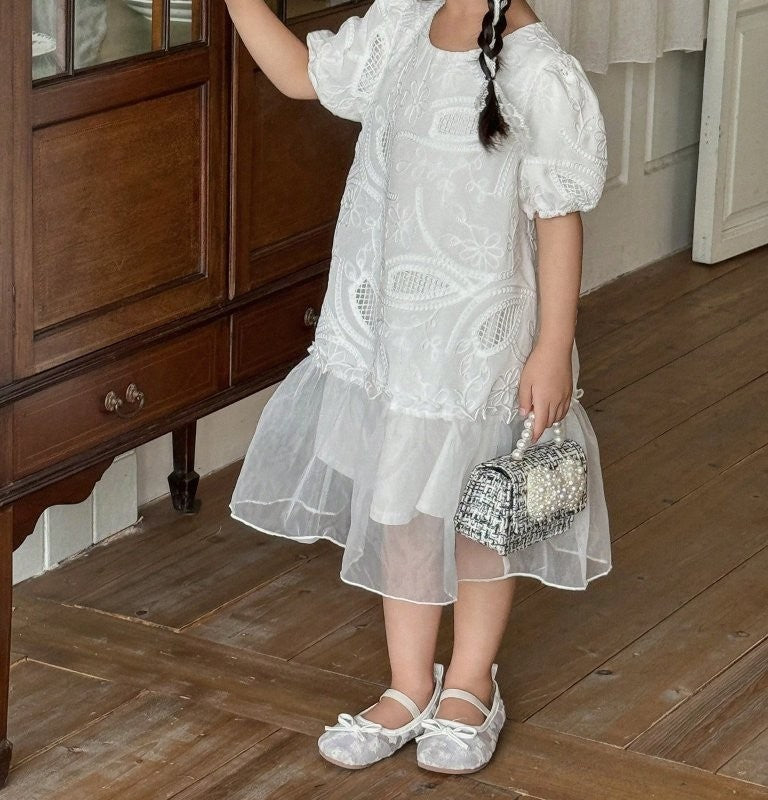 Toddler Girls White Elegant Textured Pattern Dress