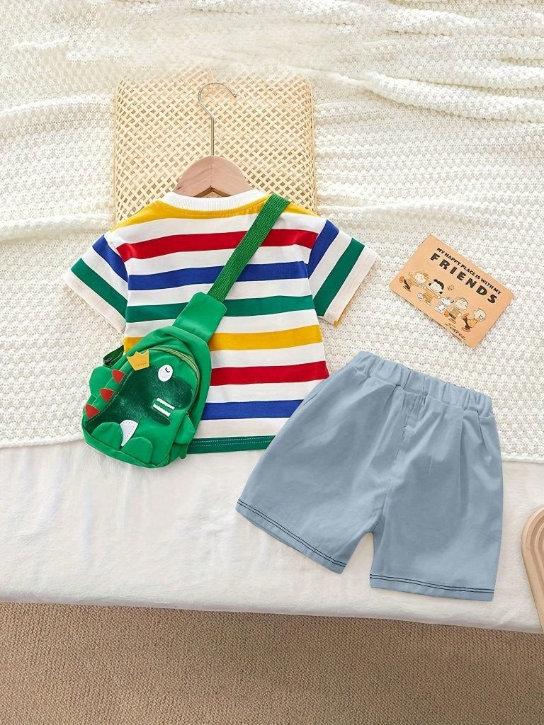 Baby Colourful Stripe Tee With Shorts And Bag