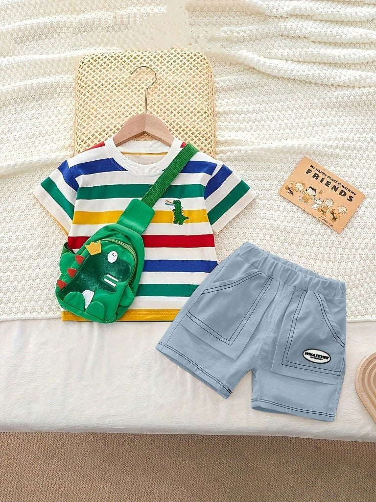 Baby Colourful Stripe Tee With Shorts And Bag