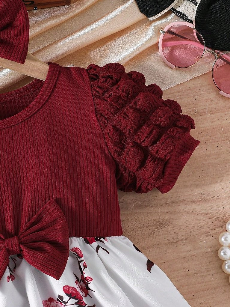 Baby Floral Print Puff Sleeve Burgundy Dress