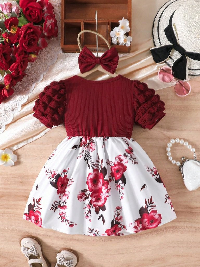 Baby Floral Print Puff Sleeve Burgundy Dress