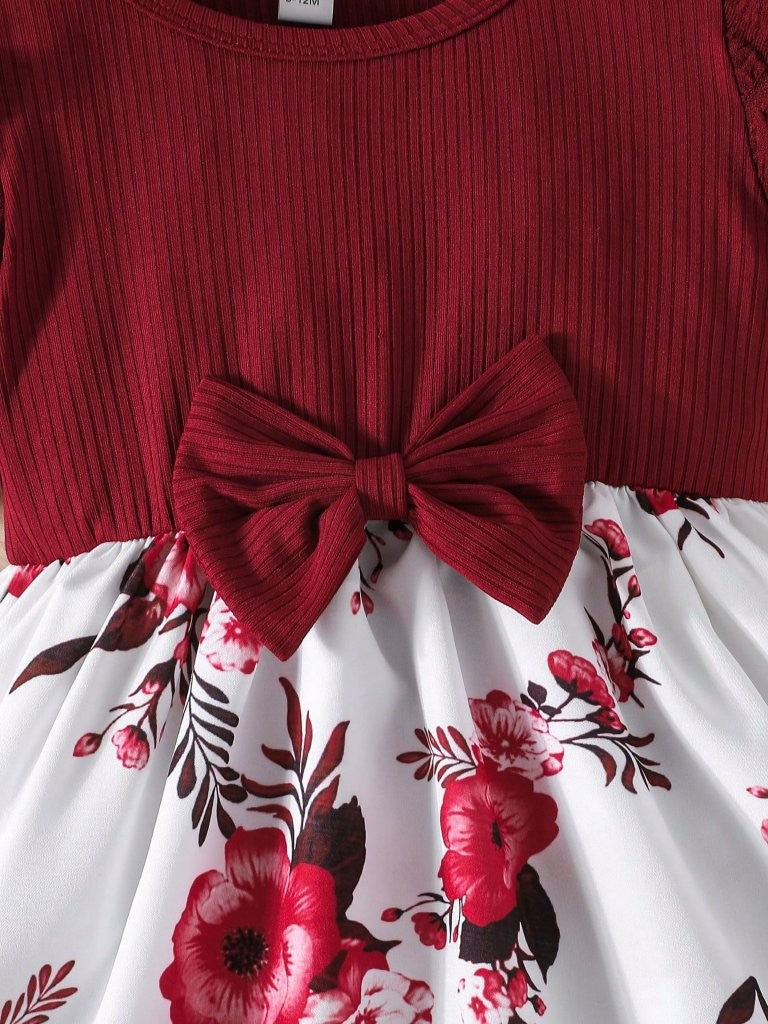 Baby Floral Print Puff Sleeve Burgundy Dress