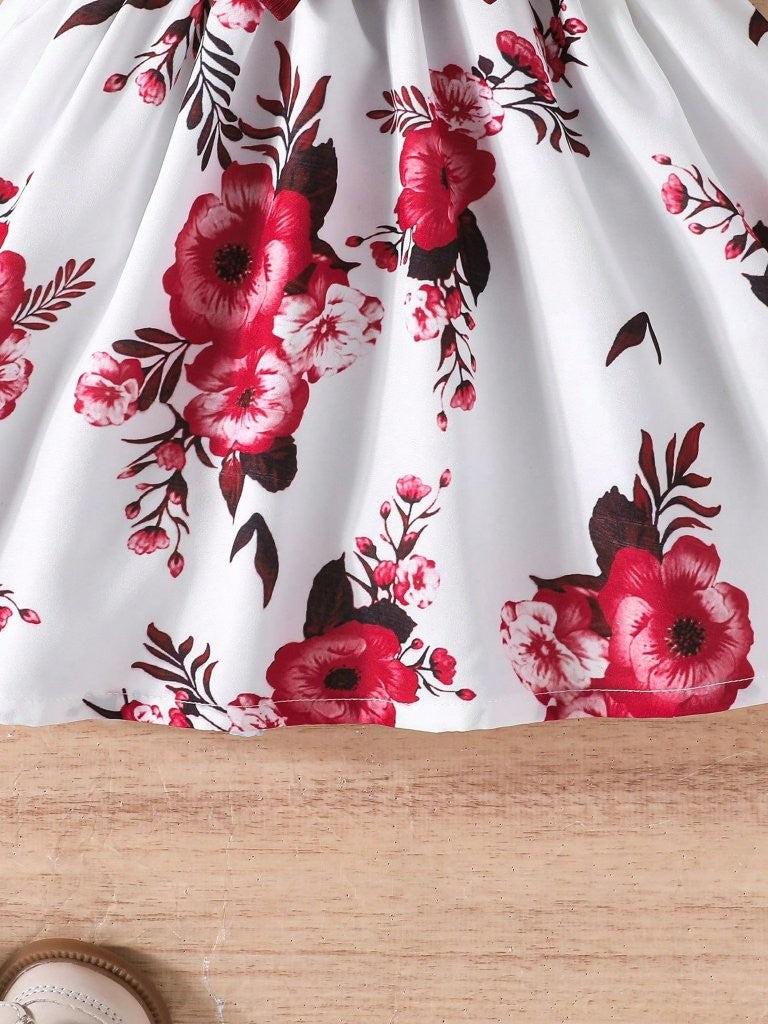 Baby Floral Print Puff Sleeve Burgundy Dress