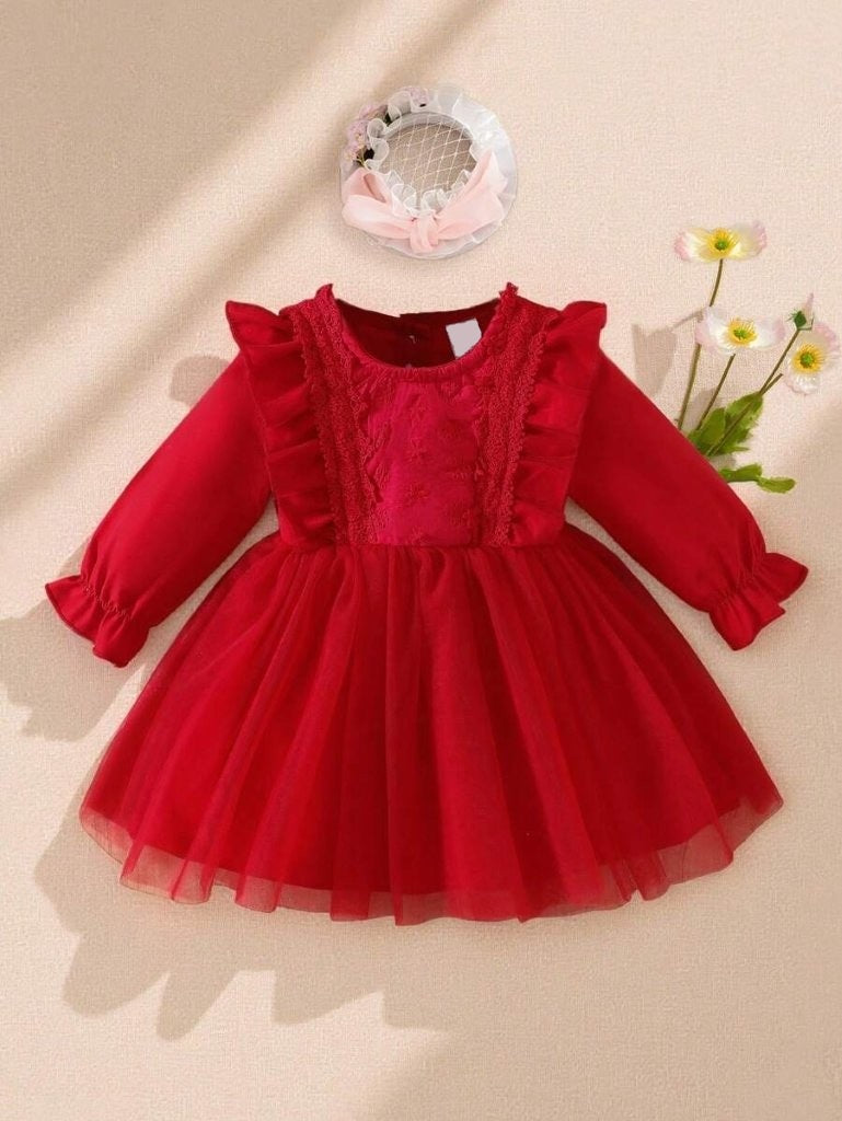 Baby Lace Pattern Ruffle Sleeve Dress Red