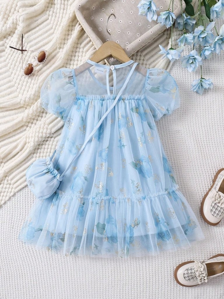 Toddler Girls Flower Print Cute Dolls Dress With Bag