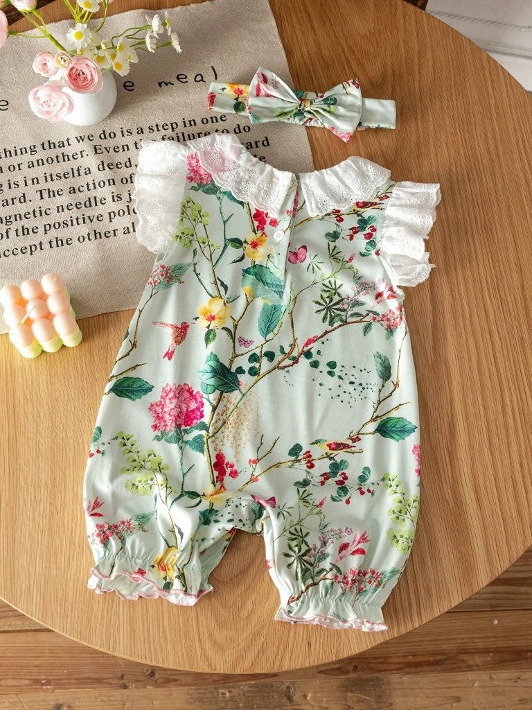 Baby Lace Trim Collar Floral Romper With Headband Set