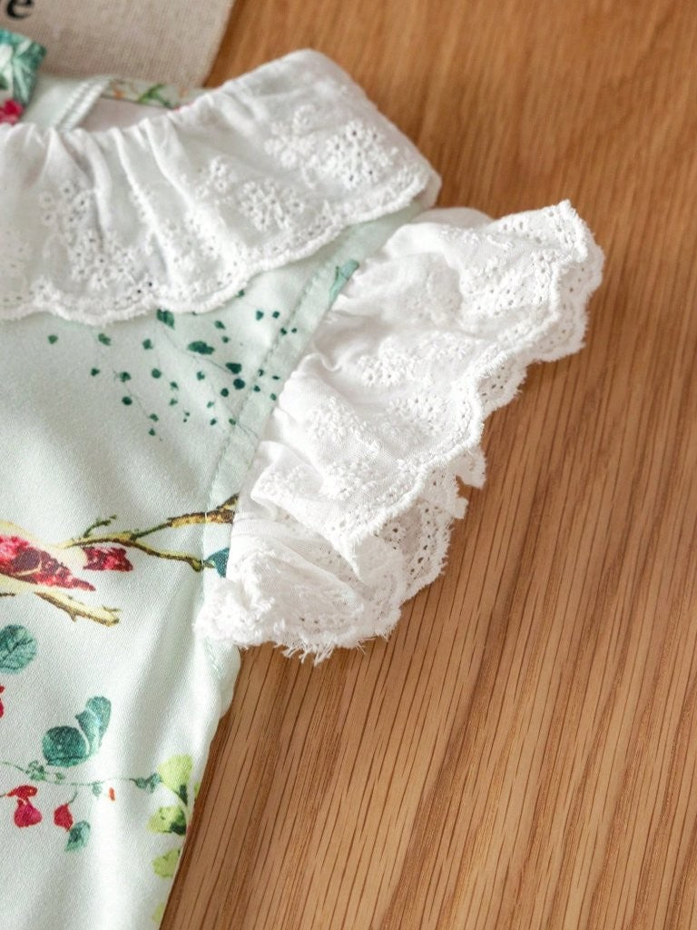 Baby Lace Trim Collar Floral Romper With Headband Set