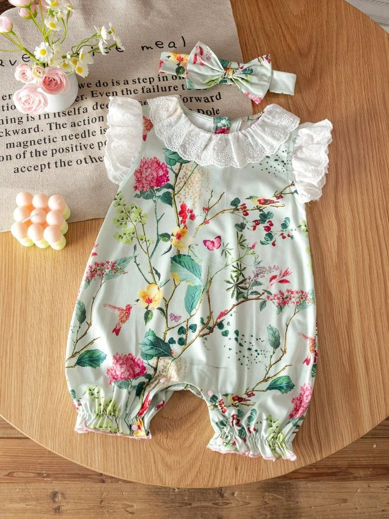 Baby Lace Trim Collar Floral Romper With Headband Set