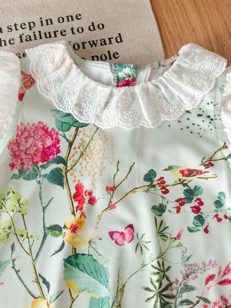 Baby Lace Trim Collar Floral Romper With Headband Set