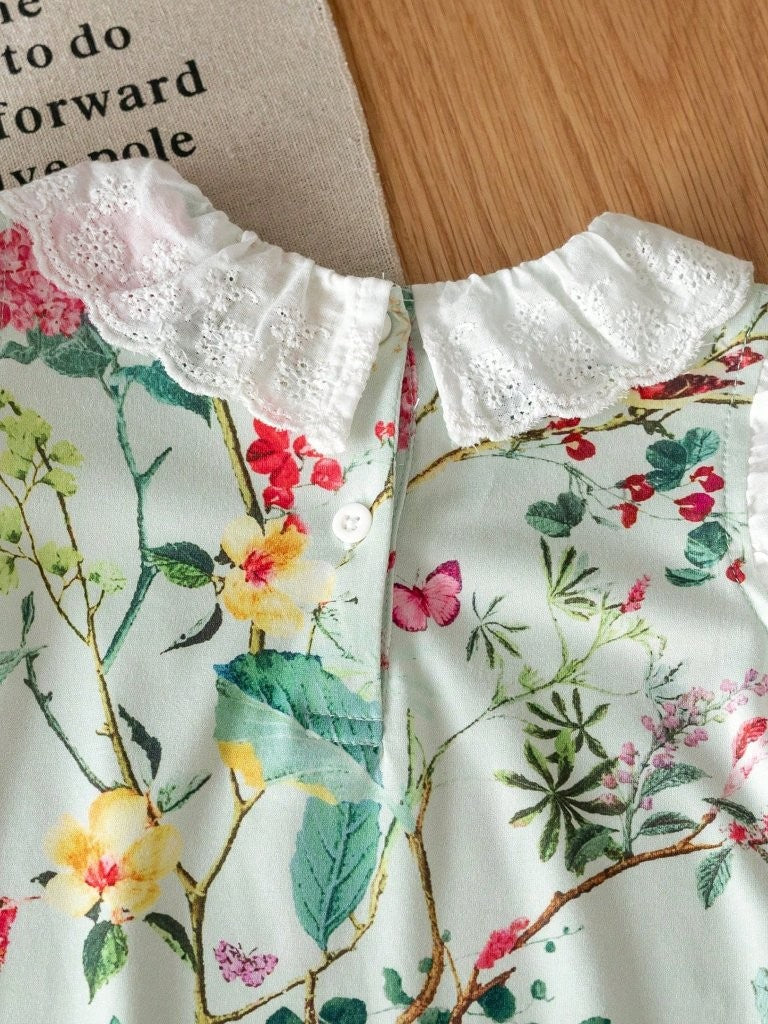 Baby Lace Trim Collar Floral Romper With Headband Set