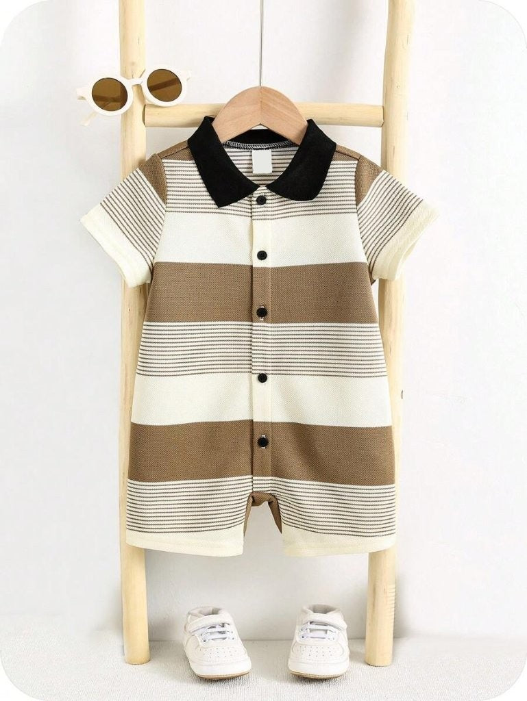 Baby Knitted Striped Short Sleeve Romper Camel