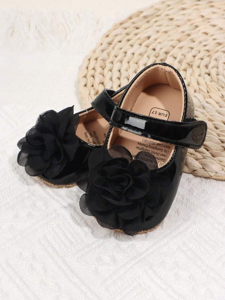 Baby Black Cute Flower Strap Shoes