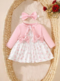 Baby Pink Floral Double Bow Dress With Headband