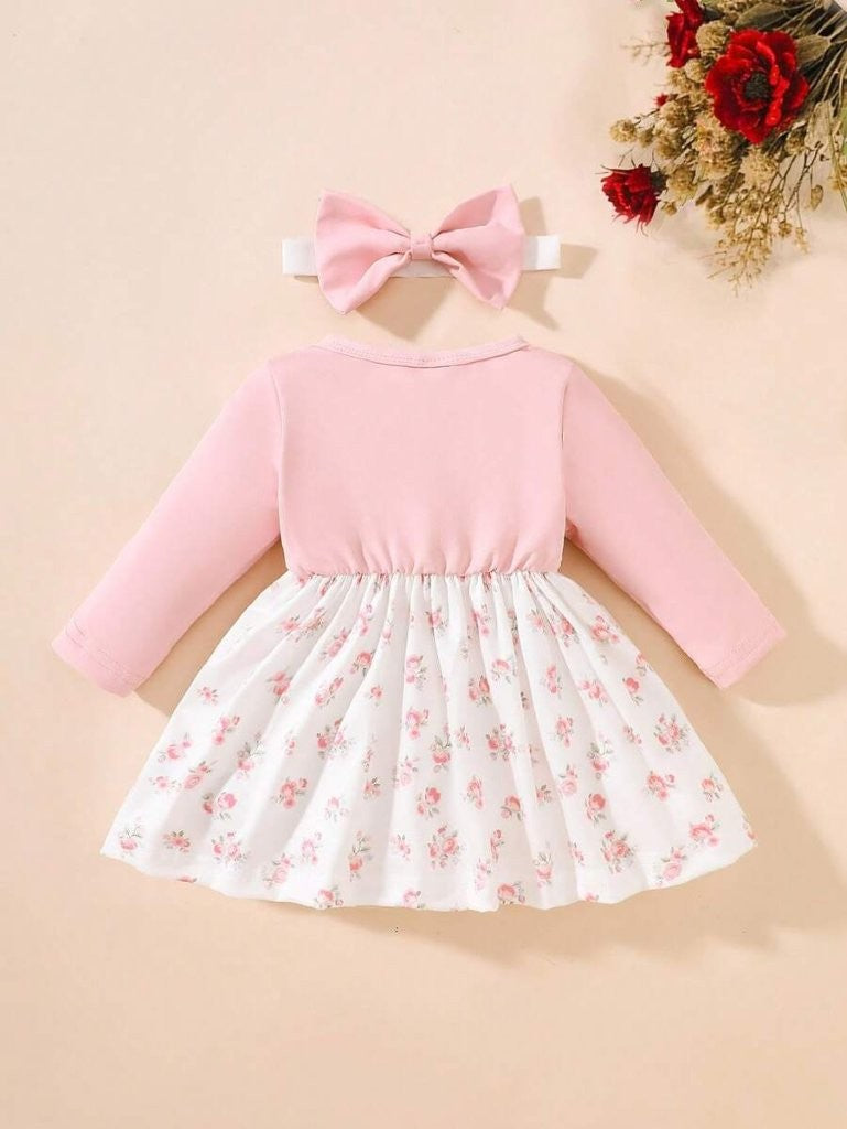 Baby Pink Floral Double Bow Dress With Headband