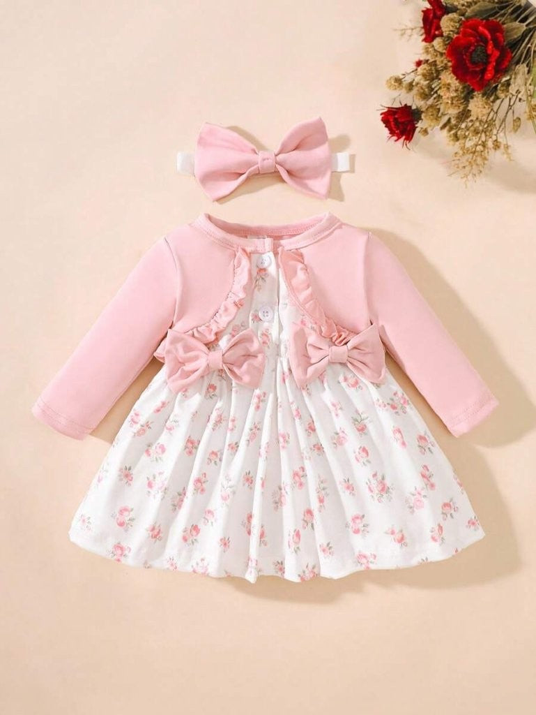 Baby Pink Floral Double Bow Dress With Headband