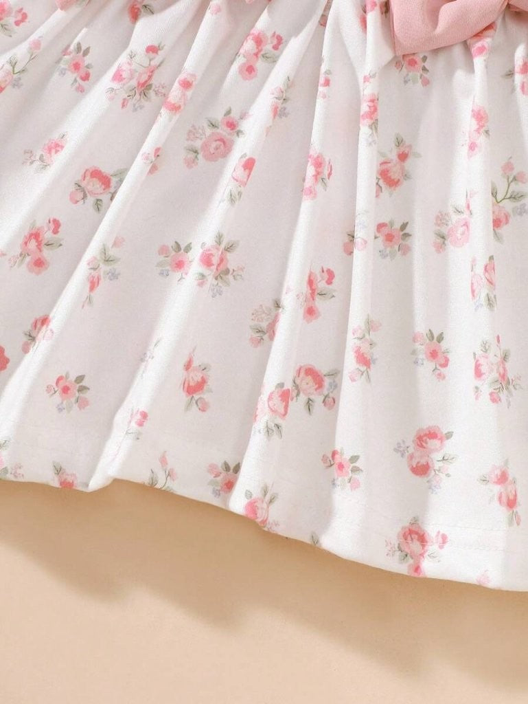 Baby Pink Floral Double Bow Dress With Headband